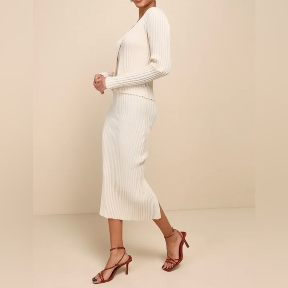 Lulus Beige Ribbed Dress & Cardigan Set - Picture 5 of 7